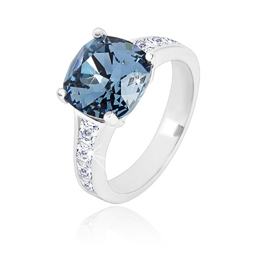 Stříbrný prsten 925 - zirkonový čtverec tmavě modré barvy a čiré zirkony - Velikost: 52