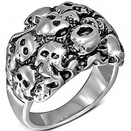 Lesklý stříbrný ocelový prsten - shluk lebek - Velikost: 70