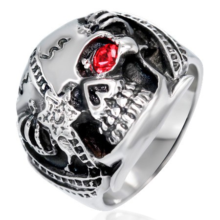 Mohutný prsten z oceli - lebka bojovníka s červeným zirkonem