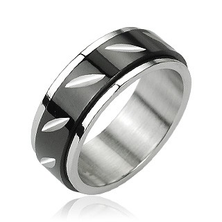 Ocelový prsten s otáčivým černým středem - zářezy - Velikost: 59
