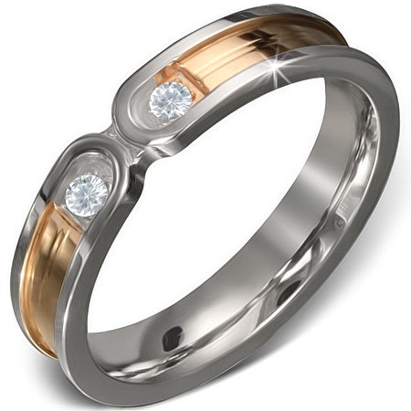 Ocelový prsten - zlatý pruh se stříbrným lemem