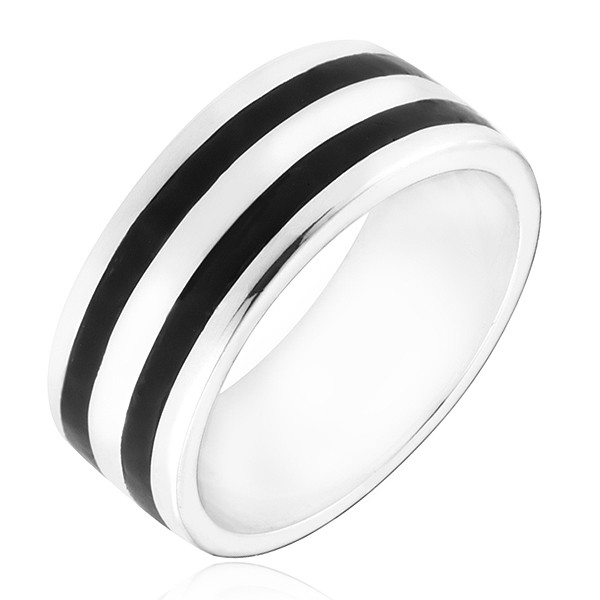 Stříbrný prsten 925 - kroužek se dvěma černými pásy - Velikost: 49