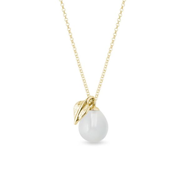 Zlatý náhrdelník s bílým měsíčním kamenem a lístečkem