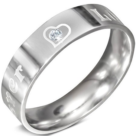 Ocelový prsten - nápis FOREVER LOVE a zirkon