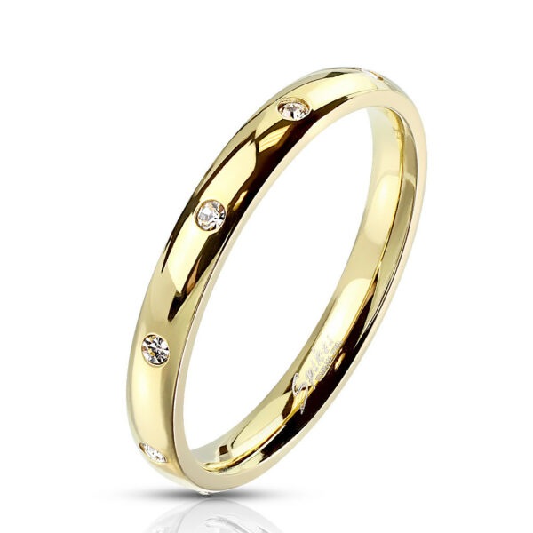 Prsten zlaté barvy z oceli - kulaté zirkony čiré barvy