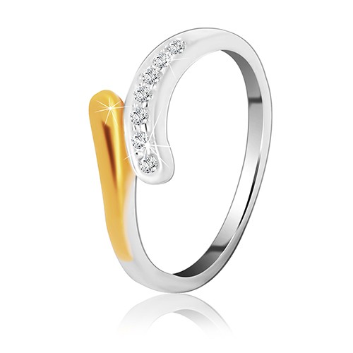 Stříbrný prsten 925 - zaoblená linie se zirkony a zlatým zbarvením - Velikost: 49