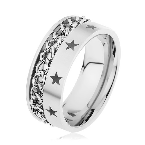 Ocelový prsten stříbrné barvy zdobený řetízkem a hvězdičkami - Velikost: 57