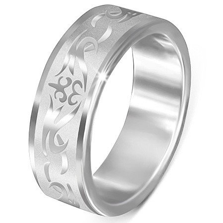 Ocelový prsten - matný s lesklým kmenovým vzorem - Velikost: 67