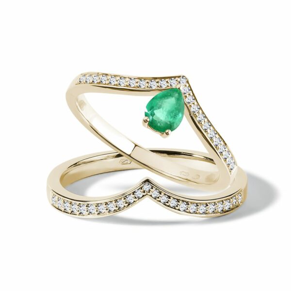 Set prstenů ze žlutého zlata se smaragdem a diamanty