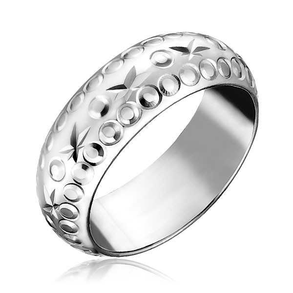 Stříbrný prsten 925 - gravírované hvězdy a kroužky - Velikost: 64