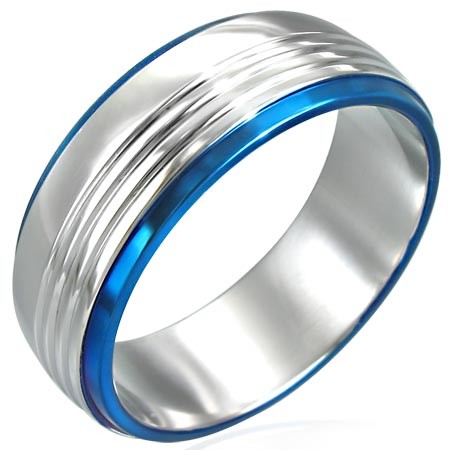 Prsten z chirurgické oceli se dvěma modrými pruhy - Velikost: 56