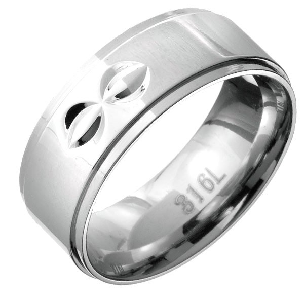 Prsten z oceli - vystouplý střed s dvojitými poloměsičitými zářezy - Velikost: 65