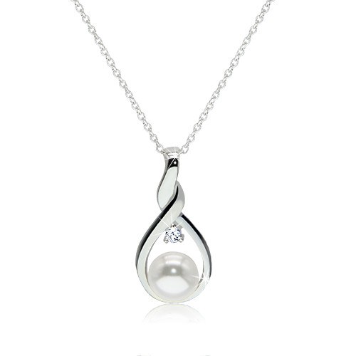 Stříbrný 925 náhrdelník - kontura zatočené slzy s bílou perlou a čirým zirkonem uprostřed