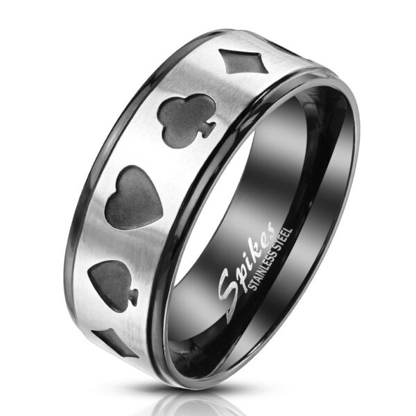 Prsten z oceli v černo-stříbrném odstínu - symboly hracích karet v pokeru