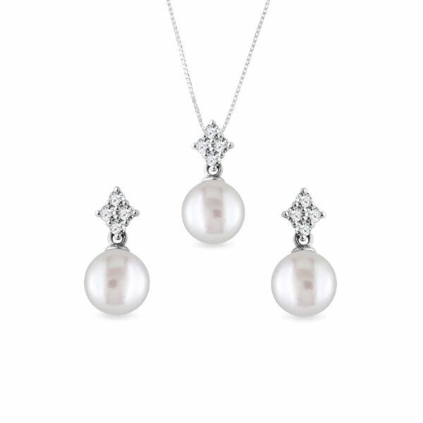 Elegantní set diamantových šperků s perlami v bílém zlatě