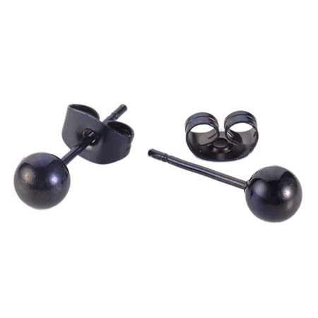 Ocelové puzetové náušnice černé barvy - lesklé hladké kuličky - Hlavička: 6 mm