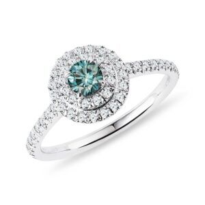 Halo prsten s modrým diamantem a brilianty