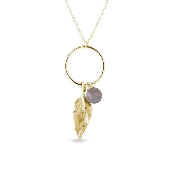 Zlatý náhrdelník s labradoritem a lístkem na kruhu
