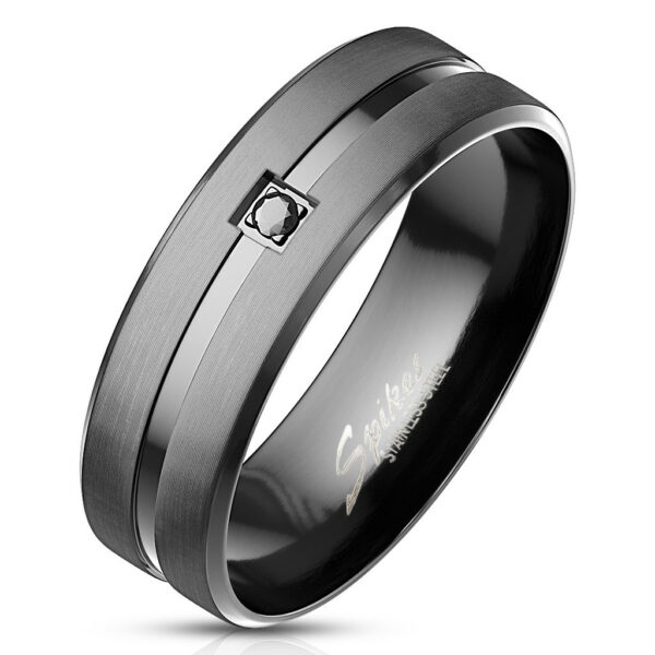 Ocelový prsten - černý kulatý zirkon