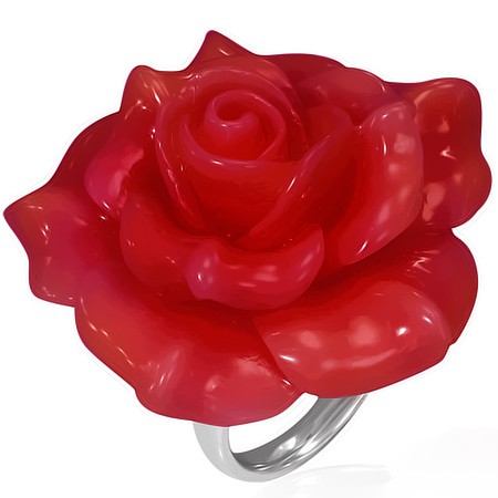 Ocelový prsten - červená rozkvetlá růže
