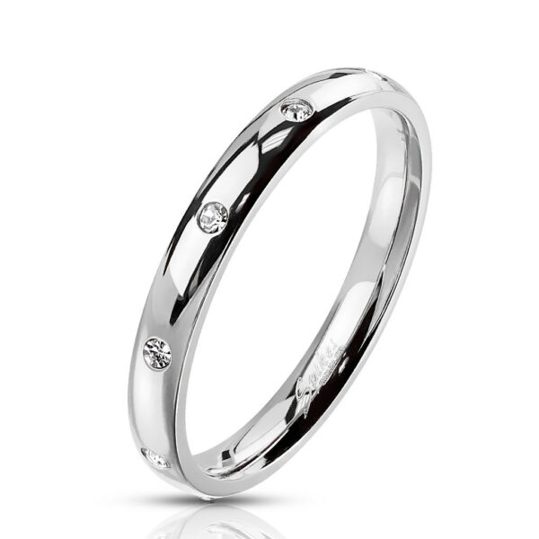 Ocelový prsten stříbrné barvy - kulaté čiré zirkony