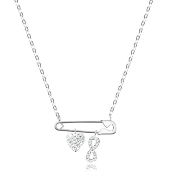 Stříbrný 925 náhrdelník - spínací špendlík s přívěsky ve tvaru srdce a vzor Infinity