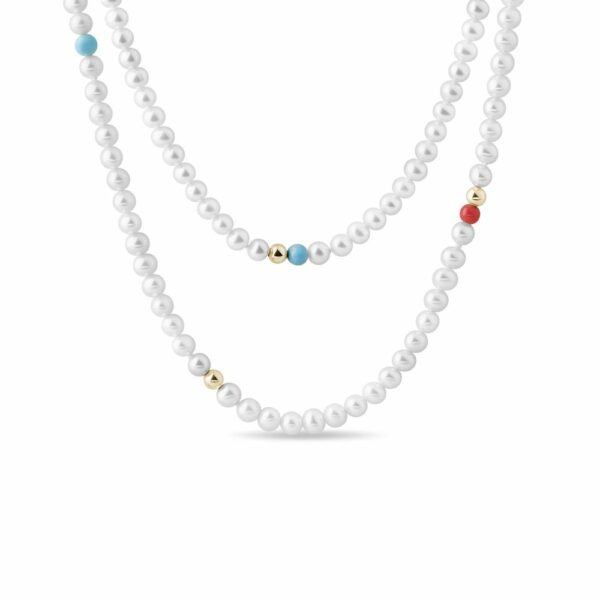 Dlouhý perlový náhrdelník s tyrkysem a korálem