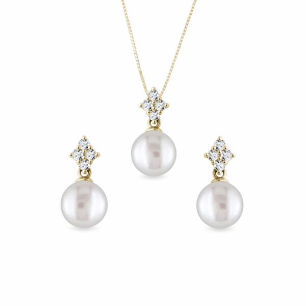 Elegantní set diamantových šperků s perlami ve žlutém zlatě